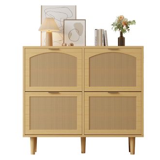 STILVORA Mueble Zapatero Con 4 Puertas Abatibles Y Estantes Ajustables, En Tablero De Part&iacute;culas, Roble Claro, 100 X 25 X 90 Cm