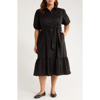 Caslon Ruffle Hem Stretch Cotton Shirtdress in Black at Nordstrom Rack, Size 1X
