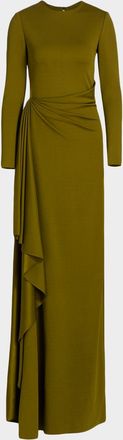 Oscar De La Renta Long-Sleeve Draped Satin Jersey Gown
