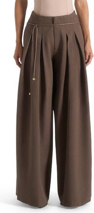 Mani&egrave;re De Voir Flora Box Pleat Wide Leg Belted Trousers in Brown at Nordstrom, Size 12