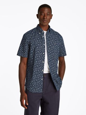 Tommy Hilfiger Kurzarmhemd TOMMY HILFIGER COTTON LINEN PAISLEY Regular Fit SS SHIRT, Herren, Gr. M, N-Gr, blau (night sky), Web, Obermaterial: 71% Baumwolle, 29% Lei