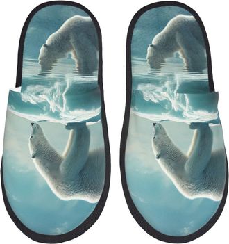 Generic Home Slipper Bear On Iceberg Print Warm Slipper Breathable Fluffy Slippers Non-Slip Scuff Slippers For Bedroom Hotel Winter M