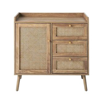 Calicosy Chest Of Drawers With 1 Door & 3 Drawers, Rattan Fronts & Wooden in Light Brown