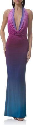 AFRM Imade Plunge Halter Neck Ombr&eacute; Maxi Dress in Midnight Ombre at Nordstrom, Size Xx-Large