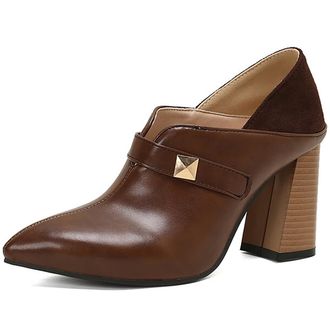 Generic MiaZane Womens Pointed Toe Block Heel Pumps PU Leather Shallow Slip On Dress Shoes Classic Chunky Heels for Office Party and Daily Wear,Brown,4.5 UK