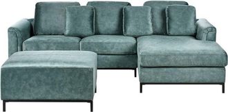 Beliani Modern Corner Sofa with Ottoman L-Shape Water-Repellent Pet-Friendly Velvet Fabric Steel Legs Left Hand Teal Blue Oslo