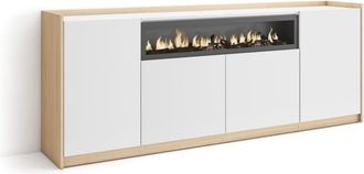 Skraut Home Aparador efecto madera blanco roble 210x37x80cm chimenea efecto fuego