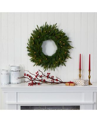Nearly Natural 24In. Long Pine Artificial Christmas Wreath With 35 Clear Led Lights