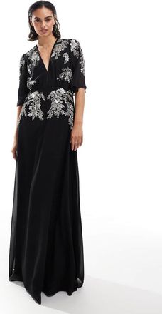 Hope & Ivy Vestito lungo con maniche con volant nero decorato