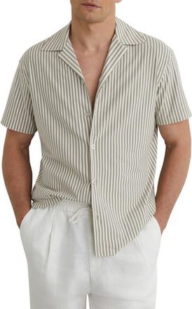 Reiss Aurelia Stripe Cotton Blend Camp Shirt in Soft Sage Green at Nordstrom, Size X-Large