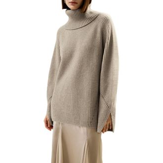 LilySilk Oversized Merino Wool Sweater with Slit Sleeves in Brown at Nordstrom, Size X-Small