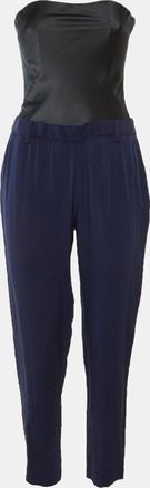 Maje Navy Blue/black Crepe & Satin Strapless Jumpsuit