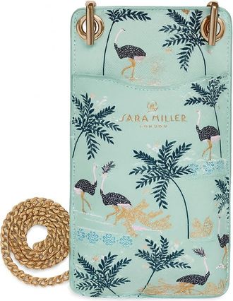 Sara Miller Phone Crossbody Pouch, Wallet with Card Holders, Womens Travel Bag with Chain Strap, Ostrich Mint Blue