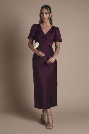 Oasis Womens Satin Twist Front Angel Sleeve Midi Bridesmaid Dress - Purple - Size 12 UK