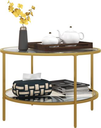 HOMCOM Round Coffee Table with Storage Shelf and Tempered Glass Top - Gold Tone | TJ Hughes