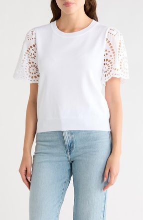 Nanette Lepore Embroidered Eyelet Short Sleeve Twofer Sweater in White at Nordstrom Rack, Size X-Large