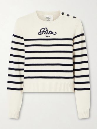 Frame Denim + Ritz Paris Pullover In Cashmere A Righe Con Logo Ricamato - Crema