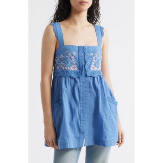 Free People Farrah Floral Lace Embroidered Babydoll Tunic in Cold River at Nordstrom, Size X-Small