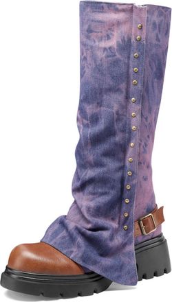 Generic Womens Tie-Dye Knee-High Boots Denim Fabric Chunky Platform Sole Metal Rivets Buckle Strap Comfortable Trendy Footwear For Street Style Daily,Purple,4