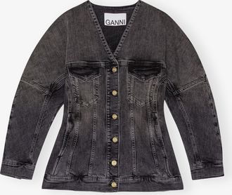 Ganni Washed Black/Black Black Denim Blazer - Size 34 Cotton