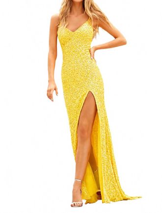 Sherri Hill Sleeveless Slit Gown In Yellow