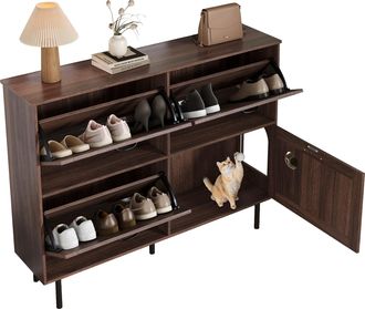 STILVORA Zapatero Con 4 Puertas Y 3 Abatibles, Juguete Para Gato Integrado, Estilo Natural, En Tablero Aglomerado, Nogal, 120&times;28&times;92 Cm