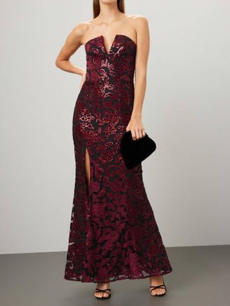 Dress The Population Fernanda Floral Sequin Strapless Gown In Black Burgundy