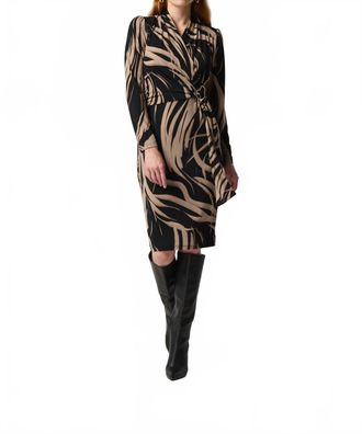 Joseph Ribkoff Long Sleeve Sheath Dress With Side Buckle In Black/latte