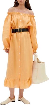 Sleeper Orange Romantica Bardot Linen Midi Dress
