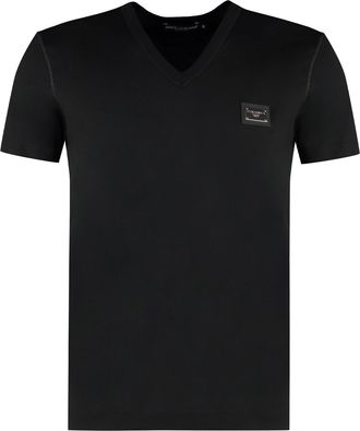 【Dolce & Gabbana】DGパッチ付きコットンVネックTシャツ Short-sleeved T-shirt with DG logo patch in White for Men