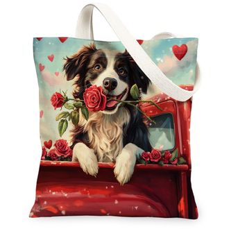 Generic Vintage Romantic Canvas Tote Bags, Dog with Roses Pattern Reusable Grocery Bags, Heart Floral Lightweight Washable Shoulder Strap Canvas for Travel Be