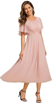 Ever-pretty Womens Midi Wedding Guest Dress Crew Neck Short Sleeves with Applique Pink 14