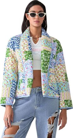 Generic Women Floral Cropped Puffer Shacket Jacket Vintage Long Sleeve Button Down Short Padded Quilted Cardigan Coat (a-Green, S)