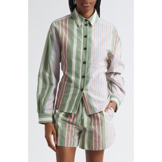 Stine Goya Mixed Stripe Tie Back Organic Cotton Button-Up Shirt in Forest Stripe at Nordstrom Rack, Size X-Large