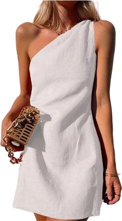 Generic Womens One Shoulder Linen Mini Dress, Summer Slim Fit Cotton Sleeveless Zipper Beach Holiday Sundress (White,L)