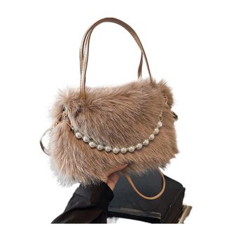 Generic Womens Plush Bags Pearl Handle Womens Plush Crossbody Bag Portable Handbag Winter Fashion Casual Shoulder(Coffee)