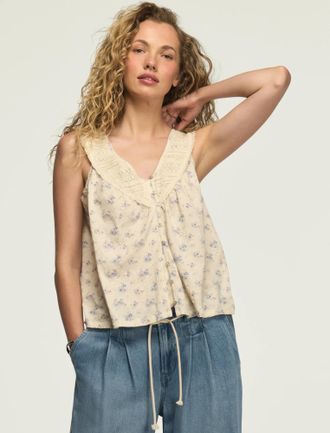 Lucky Brand Womens Lace Yoke V Neck Top