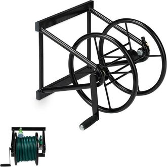 Relaxdays Carrete De Pared Para Mangueras, Enrollador Con Manivela De Mano, Para 60 M, Acero, 36x53x50 Cm,1 Ud., Negro - Relaxdays