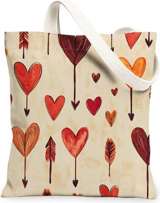 Generic Heart Arrowhead Canvas Tote Bags, Artistic Love Pattern Reusable Shopping Bags, Fall Seasonal Lightweight Washable Shoulder Strap Canvas for Travel Ou
