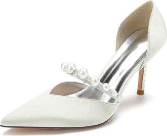 Generic Womens Pearl Heels Bridal Wedding Shoes Pointed Wedding Prom Shoes Dress Party Wedding Sandals,Ivory,6 UK