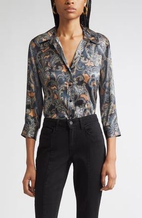 L'agence Dani Print Three-Quarter Sleeve Silk Button-Up Shirt in Midnight Multi Etched Paisley at Nordstrom Rack, Size X-Large