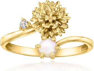 Ross-Simons Marigold Flower/October Birthstone Ring With Opal and Single Lab-Grown Diamond in 18kt Gold Over Sterling