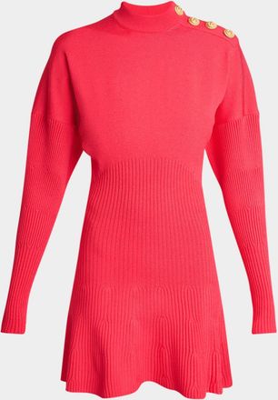 Balmain Button-Shoulder Batwing-Sleeve Mini Sweater Dress
