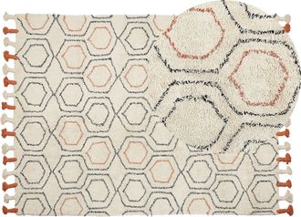 Beliani Alfombra De Algod&oacute;n Beige Naranja Negro 140 X 200 Cm A Mano Geom&eacute;trico Borlas Hajipur