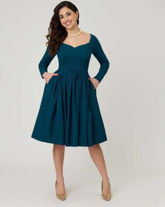 Unique Vintage Sweetheart Long Sleeve Swing Dress in Green Solid at Nordstrom, Size X-Large