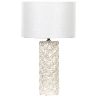 Beliani L&aacute;mpara De Mesa De Cer&aacute;mica Beige Pantalla De Tela Blanco 49 Cm Patr&oacute;n Geom&eacute;trico Sala De Estar Dormitorio Balonne