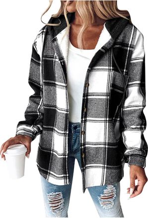 Generic Fleece Lined Coat for Women - Plaid Jackets, Woolen Winter Warm Shacket, Flannel Checked Cardigan, Long Sleeve Button Down, Front Pockets, Hooded, Vin