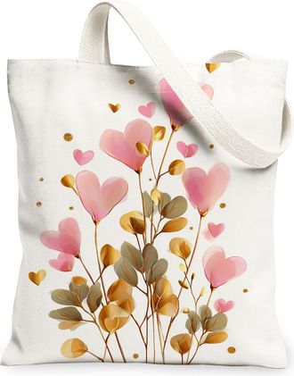 Generic Heart Floral Canvas Tote Bags, Romantic Plant Pattern Reusable Grocery Bags, Spring Vintage Chic Lightweight Washable Shoul, White, 13x15 Inch