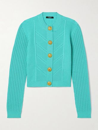 Balmain Cardigan In Maglia Pointelle A Coste Con Bottoni Decorativi - Blu