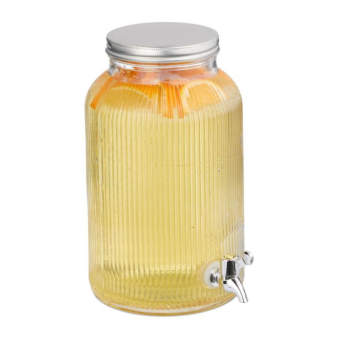 Relaxdays Getränkespender, Limobehälter geriffelt, 5 L, Zapfhahn & Deckel, Wasserspender, Glas & Eisen, transparent ab 19,99 €